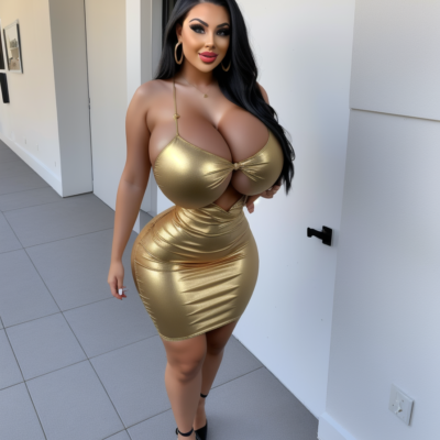 Latina big tit bimbo in glamour golden tight mini dress